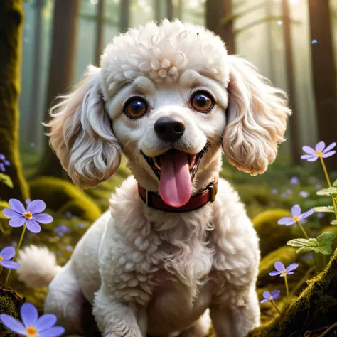 Real estate photography style, Real estate photography style, Real estate photography style, Adorable Character of cinematic photo photorealistic colorful microscopy shot Tilt-shift photo of a ((a poodle with an open mouth and a protruding tongue, a perky ...