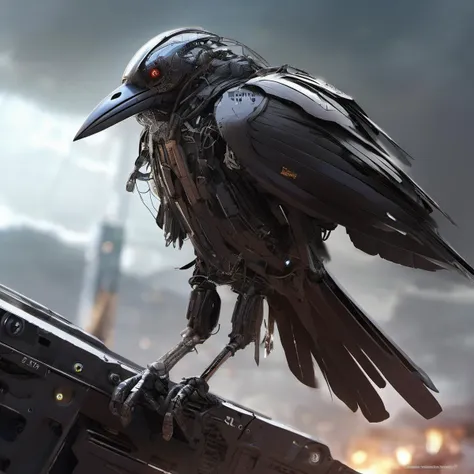 sci-fi, designed by James Paick, digital art, robotic Raven, it is dressed in cybernetics, its cybernetics is inspired by the 90s anime, in focus, Fantasy, dramatic lighting, anime style