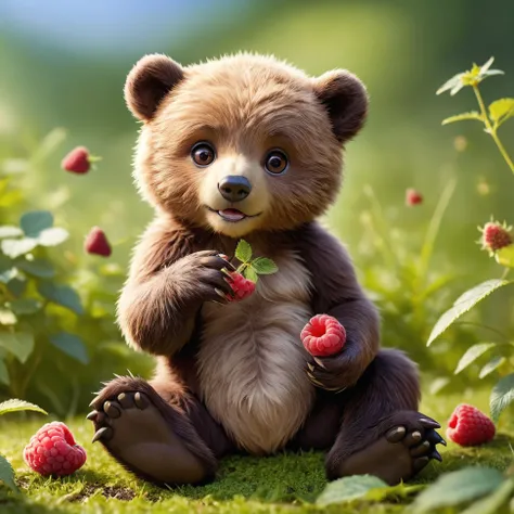 Real estate photography style, Real estate photography style, Adorable Character of cinematic photo photorealistic colorful microscopy shot Tilt-shift photo of a ((the bear cub eats raspberries, raspberry berries, dew on the grass, dragonflies in the air))...