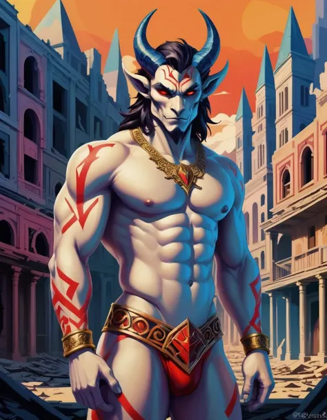 Art Deco style demon, shirtless, a destroyed town behind him,  . geometric shapes, bold colors, luxurious, elegant, decorative, symmetrical, ornate, detailed