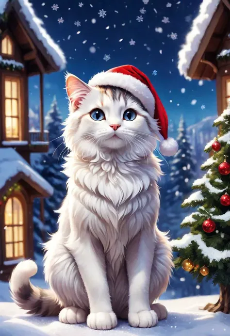 Imagine a heartwarming scene set in a Christmas wonderland, where the focal point is the most adorable fluffy cartoon cat youve ever seen. Picture this cat adorned with a tiny Santa hat, its fur glistening with snowflakes. The surroundings are a dreamy ble...