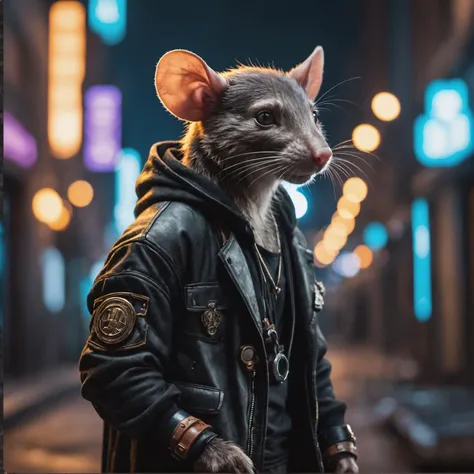 a close up of a rat wearing a leather jacket and a hoodie