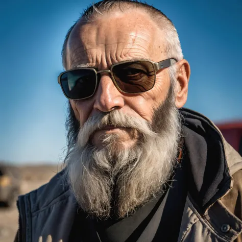 (old man with sunclasses and big beard), postapocalyptic, epic scene, high quality photography, 3 point lighting, flash with softbox, 4k, Canon EOS R3, hdr, smooth, sharp focus, high resolution, award winning photo, 80mm, f2.8, bokeh