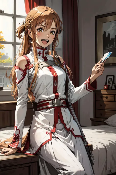 anime girl in white and red dress sitting on a bed holding a cell phone