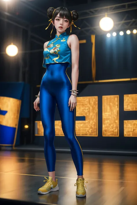 a woman in a blue top and blue leggings standing on a stage