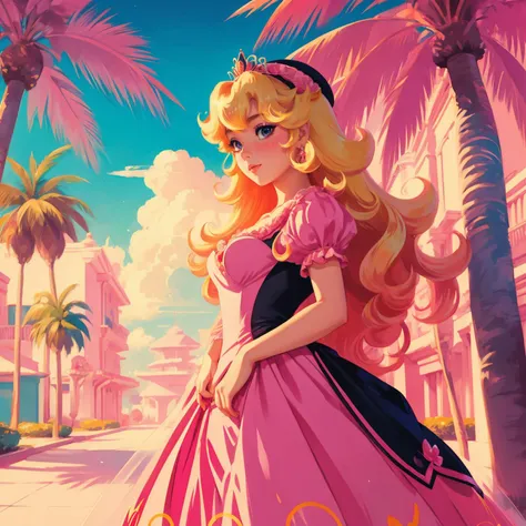 a cartoon princess in a pink dress standing on a street