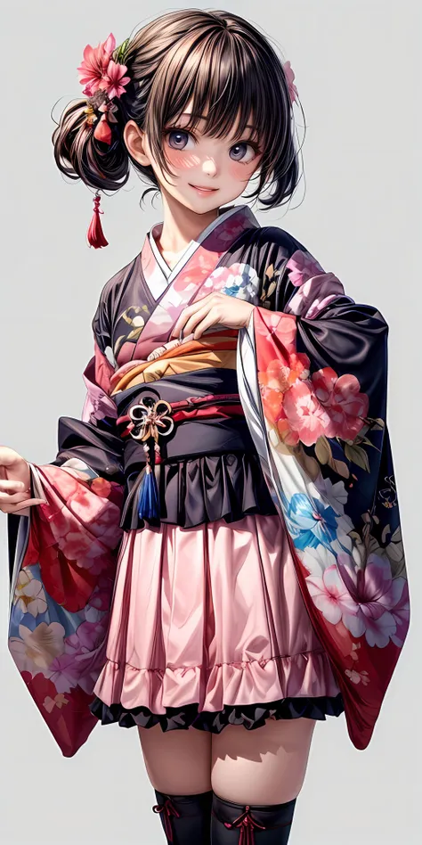 (masterpiece,ultra-detailed,best quality,8K,CG,illustration,shaved:1.0),(petite girl:1.0) <lora:more_details:1>, simple background, beatiful face,smile
 <lora:jyoji fuku v22.0:0.5> jyojifuku,kimono thighhighs, skirt,cowboy shot