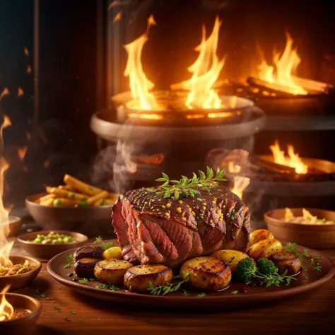 a close up of a plate of food with a fire in the background