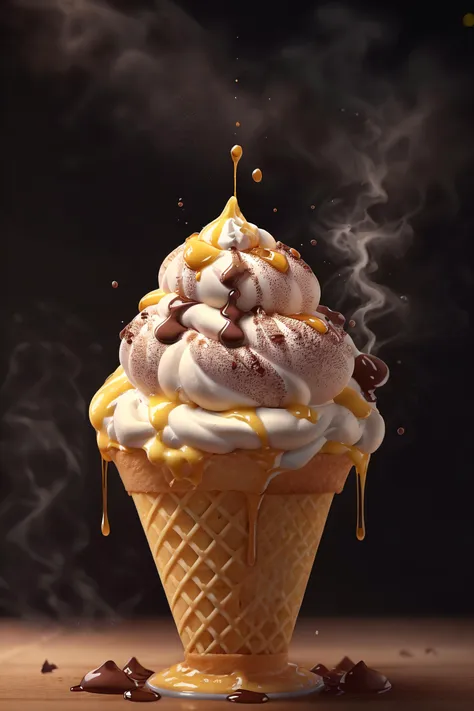 a close up of a cone of ice cream with chocolate and caramel