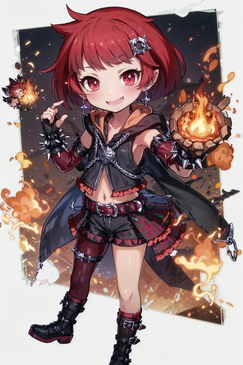 absurdres, high detail, uhd, mountain, volcano, magma flood, flaming, burning, fire sparks,
standing, evil smile, pyrokinesis, fang,
chibi, jigita, red hair, short hair,  hair ornament, earrings, jewelry, asymmetrical clothes, black hoodie, hood down, slee...