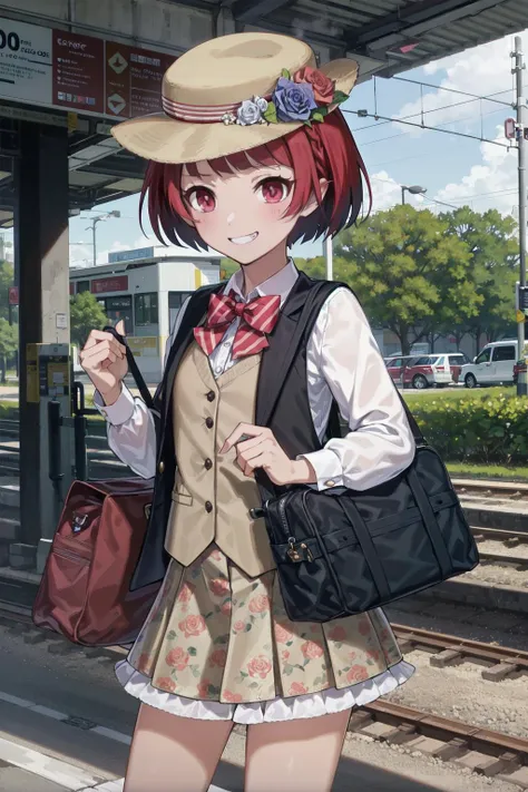 absurdres, high detail, uhd, rondon, train station, steamroller,
standing, light smile, carrying bag,
solo, jigita, red hair, short hair, hat, hat flower, rose, red bowtie, white shirt, long sleeves, brown vest, frilled skirt, floral print,
<lora:gomaotsu-...