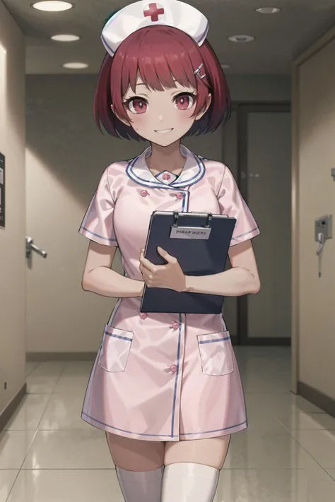 absurdres, high detail, uhd, hospital, lobby,
standing, holding  clipboard, light smile,
jigita, red hair, short hair, nurse, nurse_cap, pink_dress_shirt, short_sleeves, buttons, white_thighhighs
<lora:gomaotsu-jigita(Digitalis)v2-t2-000080:0.7>