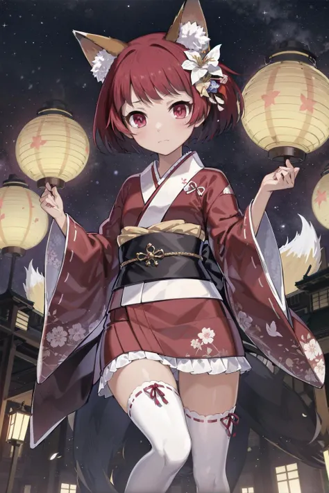 absurdres, high detail, uhd, starry sky, moon, graveyard,
standing, looking down, holding paper lantern, expressionless, soul flame, hitodama,
solo, jigita, red hair, fox girl, fox ears, hair bow, hair flower, white flower, japanese clothes, red kimono. fu...