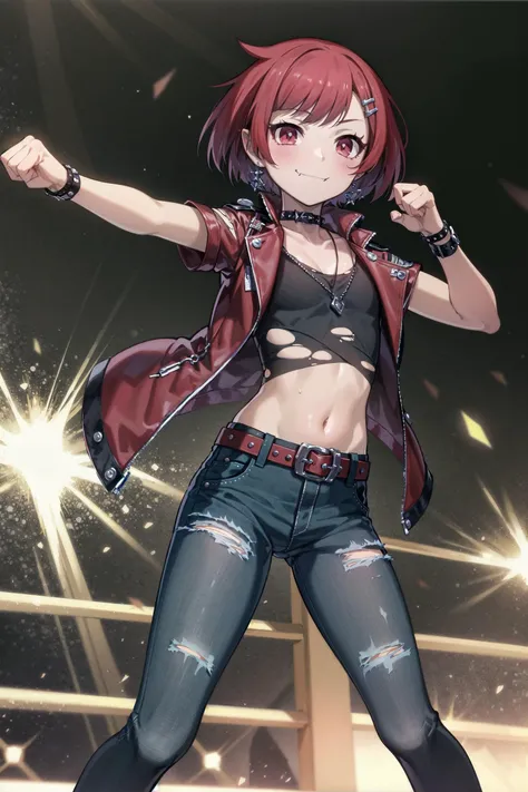 absurdres, high detail, uhd, stage, light beam,
standing, wide stance, punching viewer, smile, closed mouth, fang out,
jigita, red hair, short hair, earrings, red jacket, open jacket, cropped jacket, short sleeves, brooch, choker, black shirt, torn shirt, ...