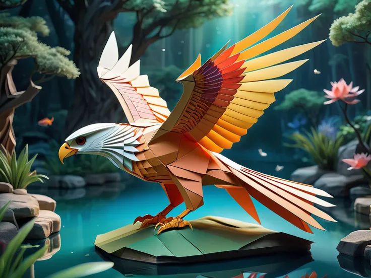 isometric style origami style ethereal fantasy concept art of masterpiece, best quality, RAW photo of papercraft (hawk, carp in talons, quiet pond, sweeping pencils, brushes, paint) miniature, tilt shift, luminous reflections, rtx on, subsurface scattering...