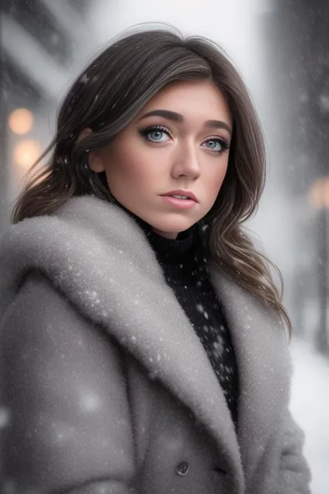 professional portrait photograph of tabiswat  in winter clothing  beautiful symmetrical face, cute natural makeup, wearing elegant winter fashion clothing, ((standing outside in snowy city street)), stunning modern urban upscale environment, ultra realisti...