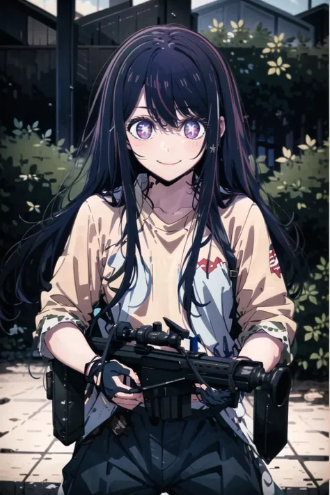 anime girl with gun and uniform standing on sidewalk in front of house