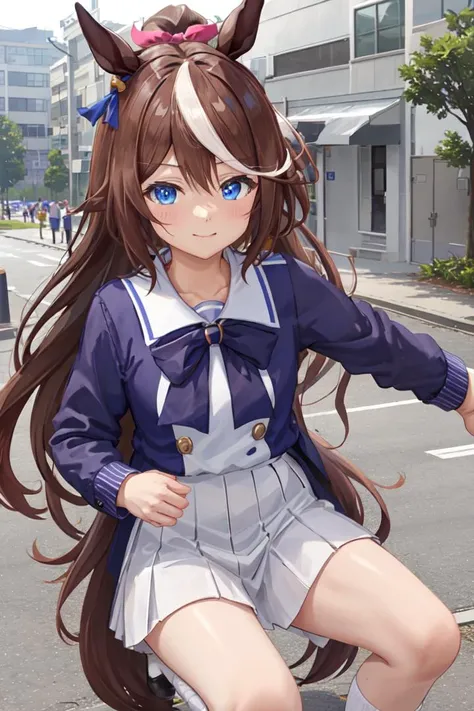 horse ears, horse girl, brown hair, long hair, high ponytail, streaked_hair, multicolored_hair, blue eyes,
Tokai Teio,Tokai Teio(Tracen uniform), <lora:Tokai Teio:0.6>, city background