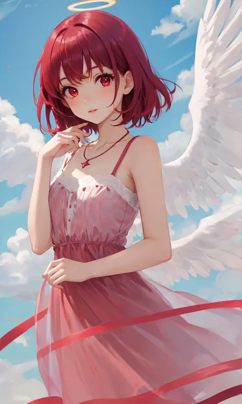 1 girl, solo, close up of a cute girl, clear delicate face, maroon dress, short hair, upper body,maroon hair, red eyes, cloud, portrait, upper body, looking at viewer, necklace, halo, angel wings, maroon theme