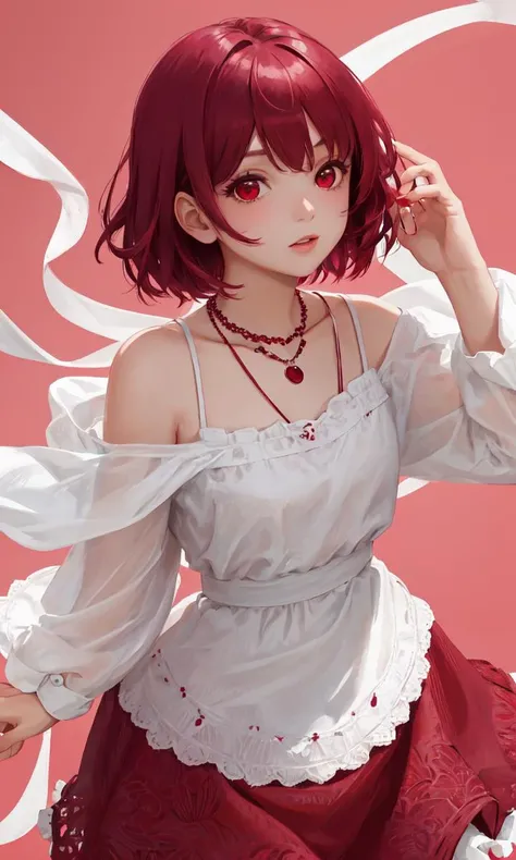 1 girl, solo, close up of a cute girl, clear delicate face, maroon dress, short hair, upper body,maroon hair, red eyes,, portrait, upper body, looking at viewer, necklace, maroon theme background