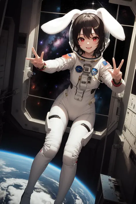 masterpiece, best quality, absurdres, perfect anatomy, 1girl, solo, Inaba Tewi, short hair, black hair, red eyes, astronaut suit, dutch angle, wide shot, smile, laughing, window, space station, planet, earth, galaxy, space, universe, star, milky way, nebul...