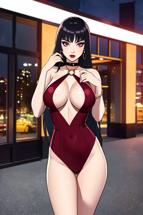 ((best quality)), ((highly detailed)), masterpiece, absurdres, (detailed eyes, deep eyes), beautiful vampirella, 1girl, (vampire:1.2), (gothic dress:1.1), short dress, bangs, black ribbon, choker, necklace, breasts, cleavage, makeup, earrings, jewelry, lar...