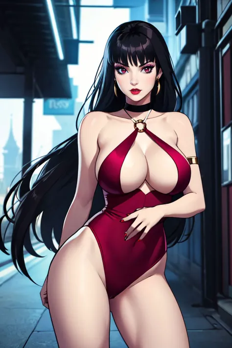 ((best quality)), ((highly detailed)), masterpiece, absurdres, (detailed eyes, deep eyes), beautiful vampirella, 1girl, (vampire:1.2), (gothic dress:1.1), short dress, bangs, black ribbon, choker, necklace, breasts, cleavage, makeup, earrings, jewelry, lar...