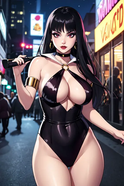 ((best quality)), ((highly detailed)), masterpiece, absurdres, (detailed eyes, deep eyes), beautiful vampirella, 1girl, (vampire:1.2), (gothic dress:1.1), short dress, bangs, black ribbon, choker, necklace, breasts, cleavage, makeup, earrings, jewelry, lar...