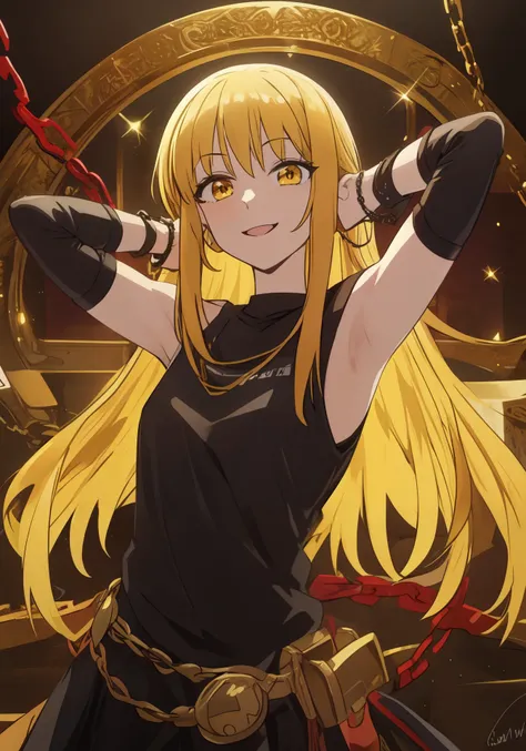 a woman with long blonde hair and a black top holding a sword