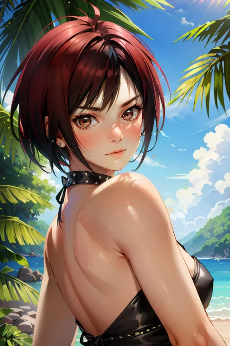 ((ultra detailed, masterpiece, absurdres))
DOAMila, 1girl, short hair, two-tone hair, black hair, red hair, brown eyes, on a tropical island, sundress, palm trees ethereal, dreamy, backlit, highly detailed, stern expression, realistic lighting, sharp focus...