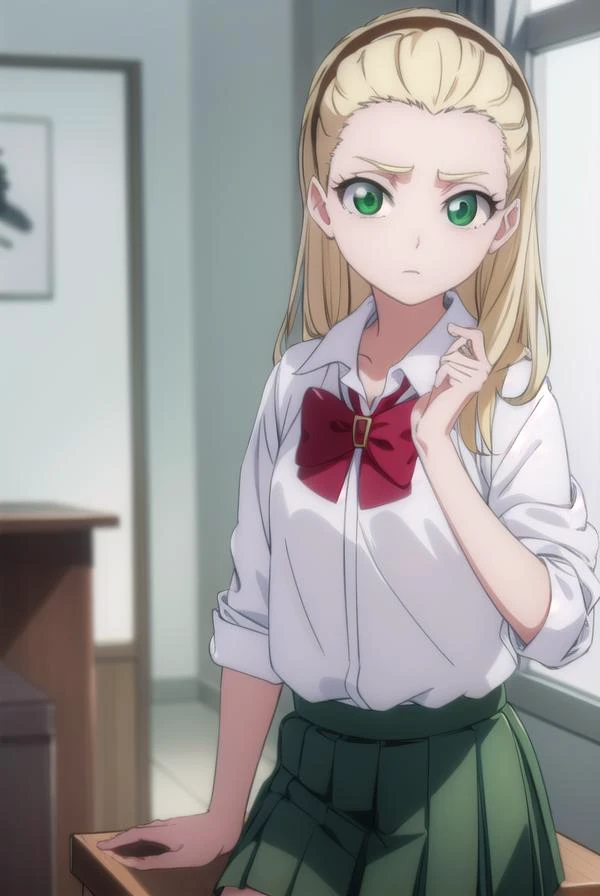 rurichiyokasumioji, <lyco:rurichiyokasumioji-lyco-nochekaiser:1>, 
rurichiyo kasumioji, long hair, blonde hair, (green eyes:1.5), hairband, hair pulled back, forehead,
BREAK skirt, shirt, bow, school uniform, white shirt, pleated skirt, socks, miniskirt, b...