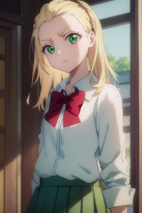 rurichiyokasumioji, <lyco:rurichiyokasumioji-lyco-nochekaiser:1>, 
rurichiyo kasumioji, long hair, blonde hair, (green eyes:1.5), hairband, hair pulled back, forehead,
BREAK skirt, shirt, bow, school uniform, white shirt, pleated skirt, socks, miniskirt, b...