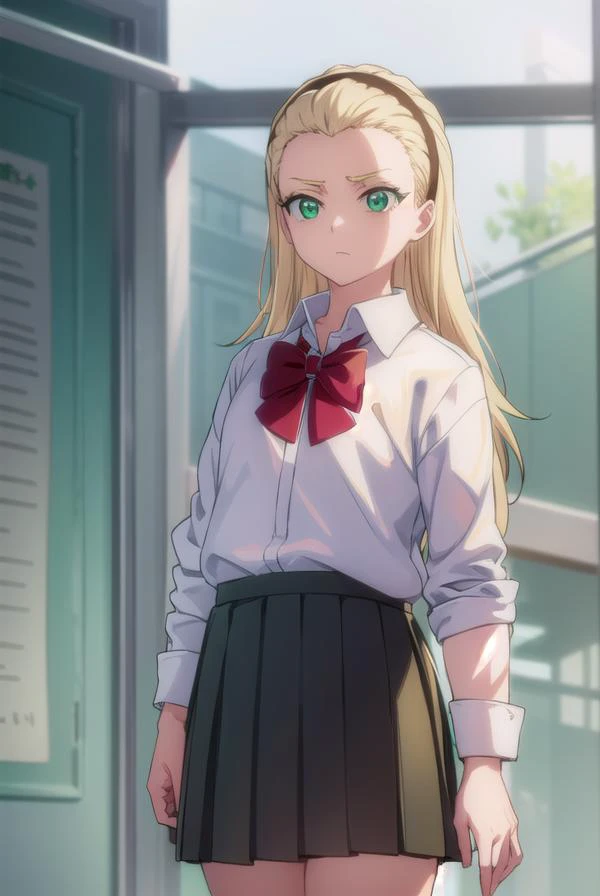 rurichiyokasumioji, <lyco:rurichiyokasumioji-lyco-nochekaiser:1>, 
rurichiyo kasumioji, long hair, blonde hair, (green eyes:1.5), hairband, hair pulled back, forehead,
BREAK skirt, shirt, bow, school uniform, white shirt, pleated skirt, socks, miniskirt, b...