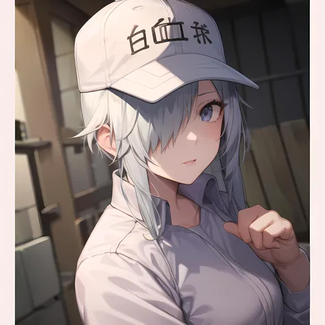 masterpiece, best quality, intricate, high detail, 1girl, looking at viewer <lora:cellsatwork_whitebloodcell:1>, WHITE BLOOD CELL, COLORED SKIN, WHITE SKIN, WHITE HAIR, HAIR OVER ONE EYE, BASEBALL CAP, WHITE UNIFORM, WHITE PANTS, mature woman