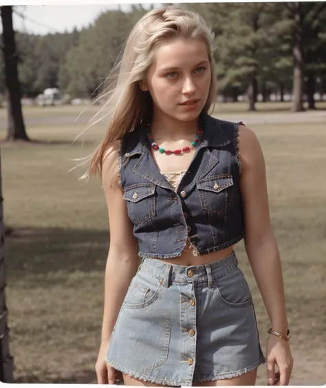 arafed woman in a denim vest and a necklace standing in a park