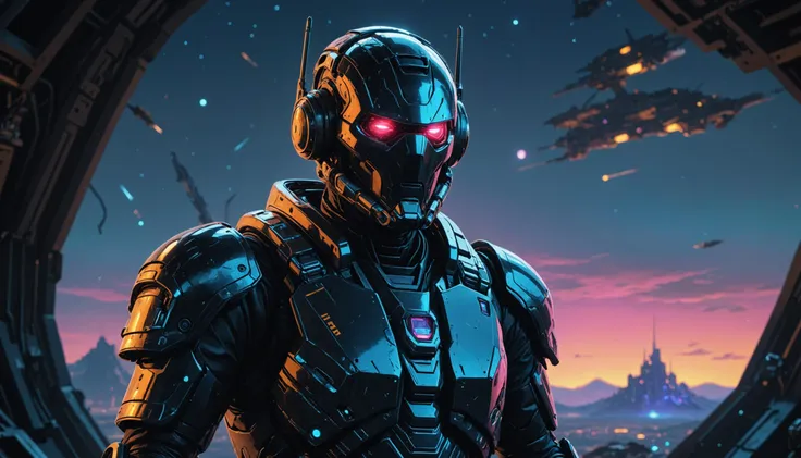 a man in a futuristic suit stands in front of a spaceship