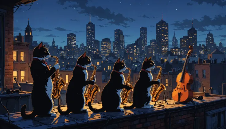 arafed image of a group of cats playing instruments on a rooftop