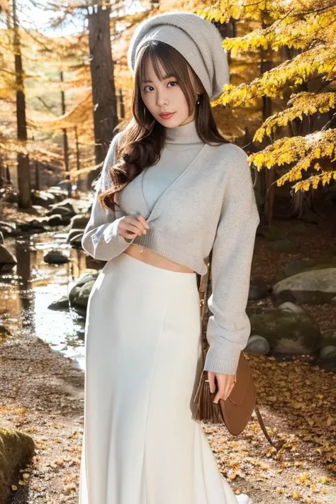 1girl,(wearing a cardigan on top of a turtleneck sweater and long skirt:1.2),(wearing a wooly beret),(holding a small handbag),(RAW photo, best quality), (realistic, photo-realistic:1.4), masterpiece, an extremely delicate and beautiful, extremely detailed...