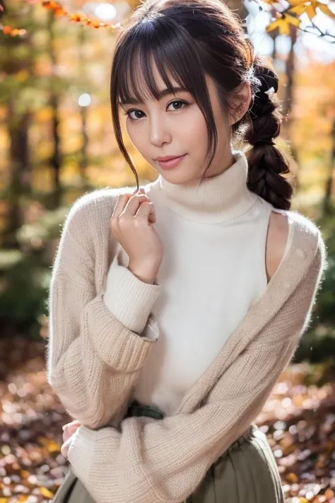 1girl,(wearing a cardigan on top of a turtleneck sweater and long skirt:1.2),(wearing a wooly beret),(holding a small handbag),(RAW photo, best quality), (realistic, photo-realistic:1.4), masterpiece, an extremely delicate and beautiful, extremely detailed...