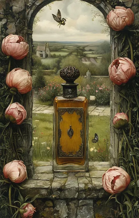 masterpiece,best quality,<lora:tbh163-sdxl:0.9>,illustration,style of Mike Worrall, A bottle of perfume in garden