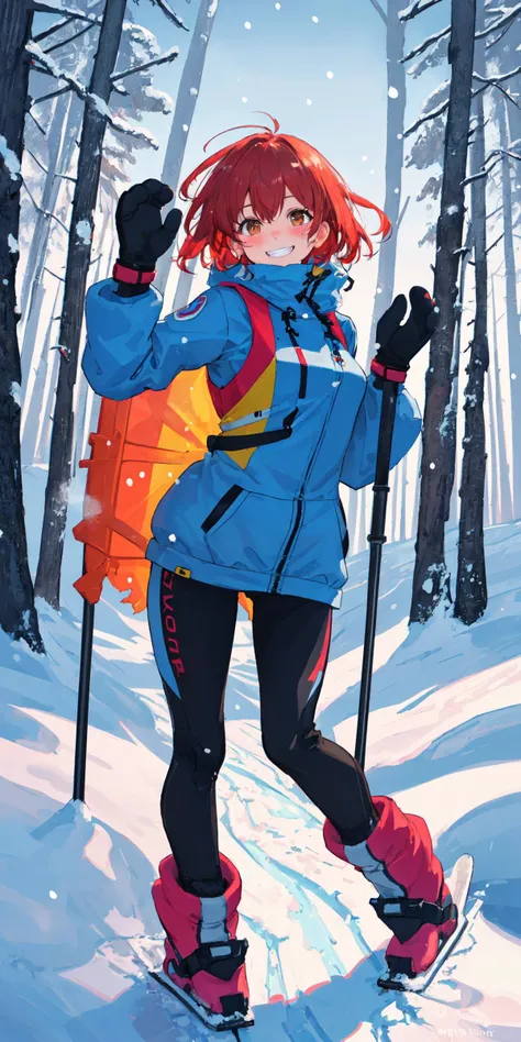 masterpiece, best quality, perfect lighting, 1girl, solo, bright light, colorful, red hair, short hair, messy haircut, light brown eyes, snow, forest, blushing, melting, melting snow, vapor, ski suit, (grin), mittens