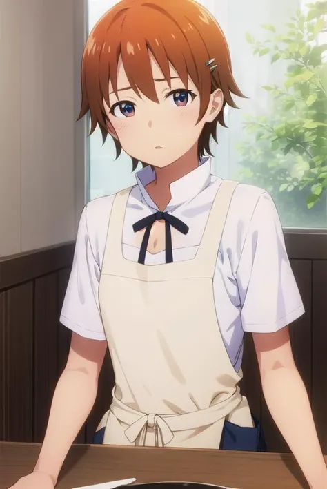 mahiruinami, <lora:mahiru inami s2-lora-nochekaiser:1>,
mahiru inami, short hair, brown hair, hair ornament, (brown eyes:1.3), orange hair, hairpin,
BREAK apron, waitress,
BREAK indoors, restaurant,
BREAK looking at viewer, (cowboy shot:1.5),
BREAK <lyco:G...