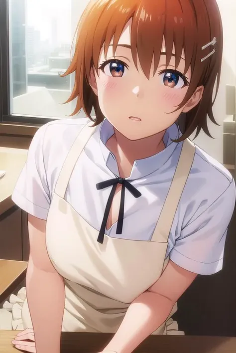 mahiruinami, <lora:mahiru inami s2-lora-nochekaiser:1>,
mahiru inami, short hair, brown hair, hair ornament, (brown eyes:1.3), orange hair, hairpin,
BREAK apron, waitress,
BREAK indoors, restaurant,
BREAK looking at viewer, (cowboy shot:1.5),
BREAK <lyco:G...