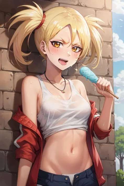 cum on mouth,cum, drooling, open mouth,<lora:ch-sarugakihayami:0.9>, sarugaki hiyori,outdoors,school, blonde hair, yellow eyes, short twintails, small breasts, vagina, lewd necklace, open jacket, red jacket, sweat,sweating,facing viewer, crop top, navel, w...