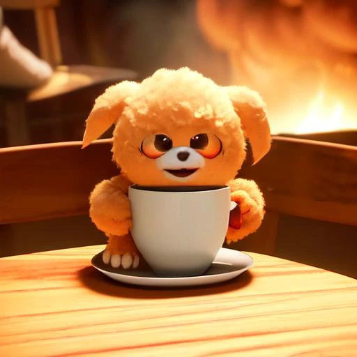 burning chaotic flames in a burning room,  coffee cup Human, fluffy solid coffeecup mascot body suit with holes for arms and legs, sitting on a chair, a puppy sitting on a table, UHD, best quality, 8k, Cinematic Lighting, 3d Render, masterpiece, pixar styl...