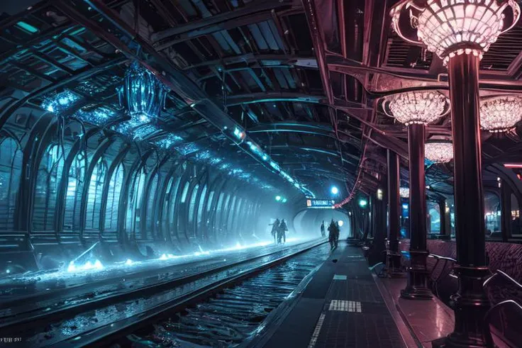 (otherworldly, otherworldly atmosphere, otherworldly appearance), highly insanely detailed, masterpiece, top quality, best quality, highres, 4k, 8k, RAW photo, Subway/Metro, Sequential Tail Lights, Crystal, Asymmetrical, (fantasy world)