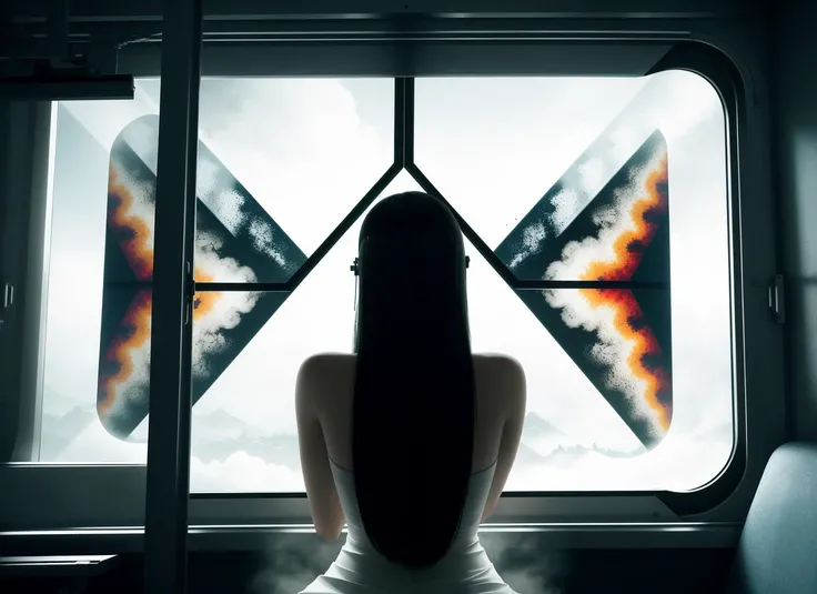 three cornered window, back of head shot of (woman looking out of triangle window:1.1), 3rd person, Looking out the triangular window of a (train:1.1) with triangular windows, triangular windows and triangular, wheels,  in a fantasy world, 
psychedelic, ge...