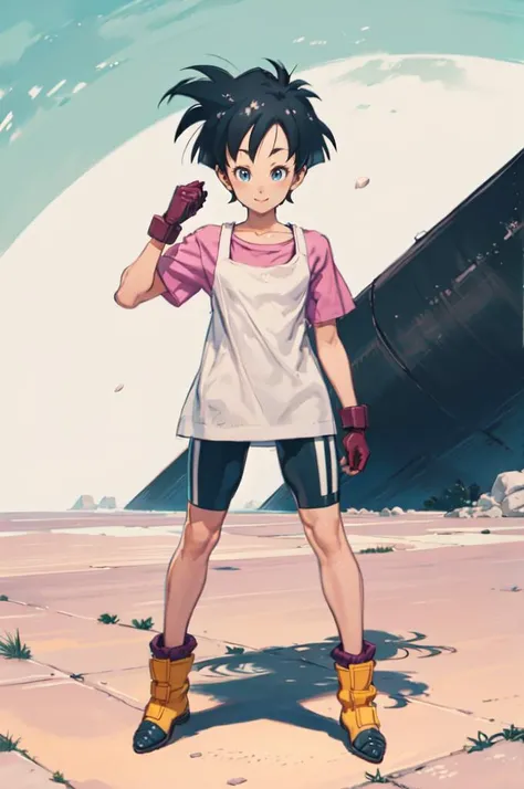 solo, smile, <lora:Videl DBZ:0.9> videl, 1girl, black hair, short hair, blue eyes, pink shirt, bike shorts, gloves, boots, <lora:kuroboshi_kouhaku_style_v01:1>, ultra detailed, masterpiece, best quality, aesthetic, detailed,