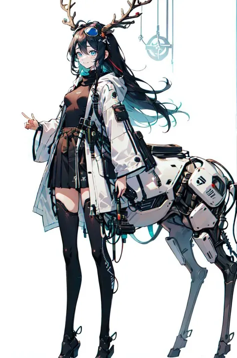 <lora:v1.0deer ear_20230620123243-000012:0.7> deer ear, antler, Mechanic, Mechanic body, taur,, ultra detailed, masterpiece, best quality, aesthetic, detailed,, solo, smile, 1girl, aqua eyes, black hair, <lora:low_ponytail-1.0:1> low ponytail, ahoge, absur...