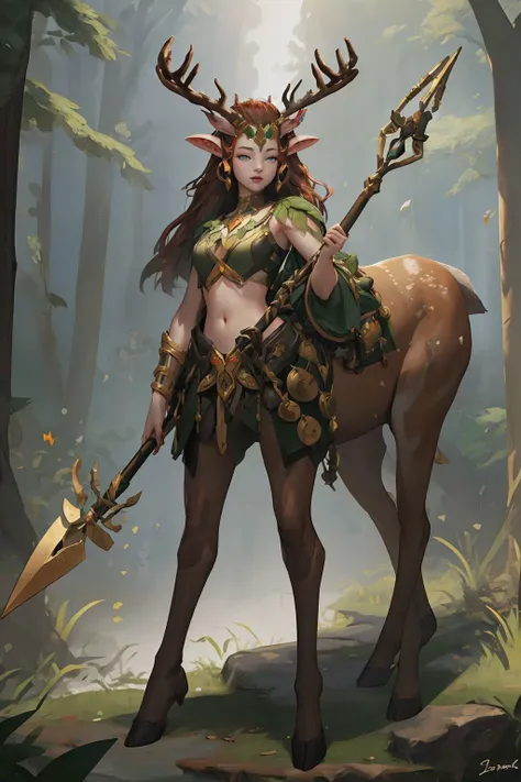 a woman with a deer and a spear in her hand